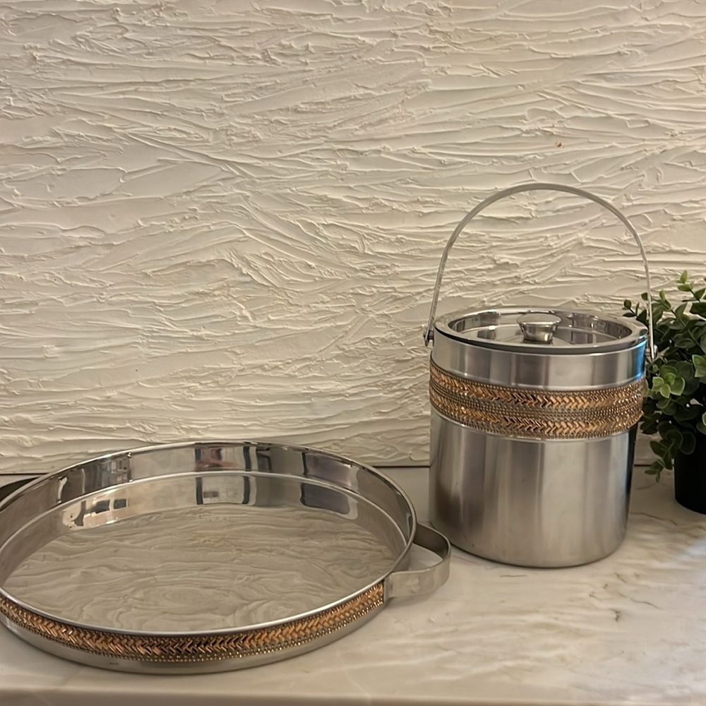 Set: Bar Tray & Ice Bucket by Beekman home: Beaded Accent.  Drinks / Charcuterie